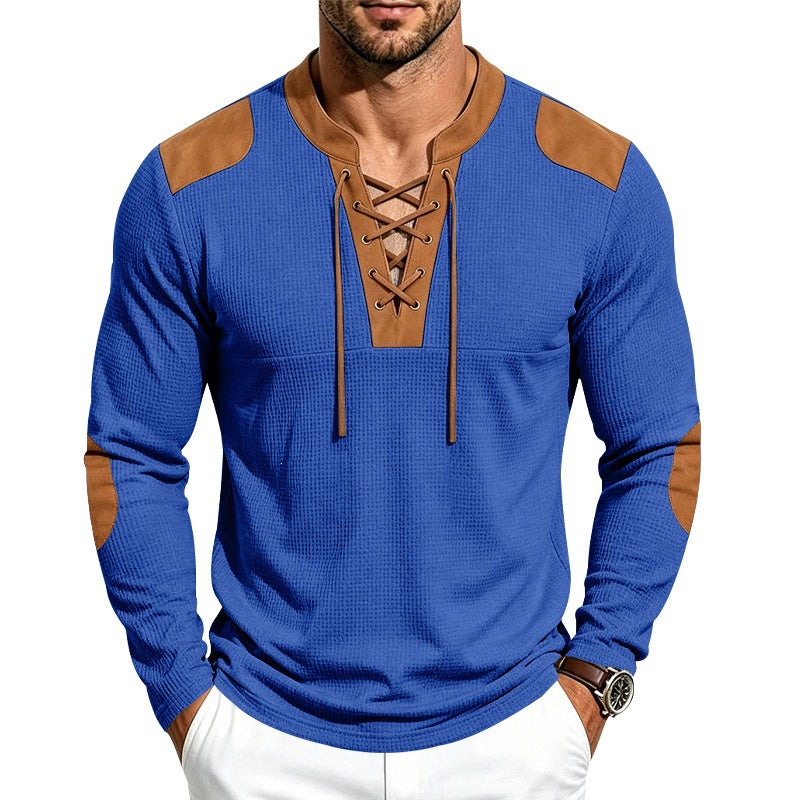 Men's Waffle Knit Long Sleeve Shirt with Laced Collar and Faux Leather Patches Mune Fashion