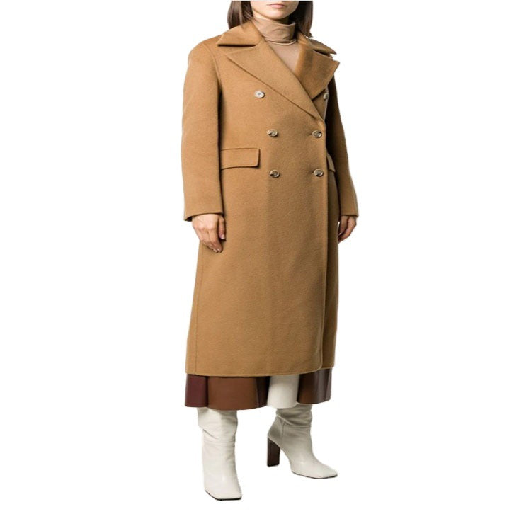 Women's Floor-Length Double-Breasted Wool Blend Long Coat with Subtle Walking Slit and Wide Shawl Collar Mune Fashion