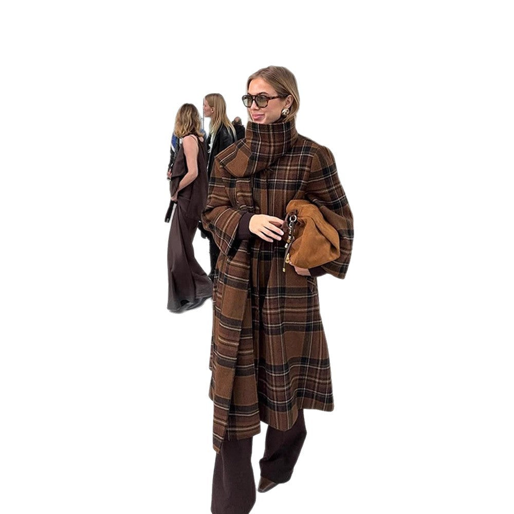 Ladies long coat in check look made of wool mix with oversized stand-up collar and bell sleeves Mune Fashion