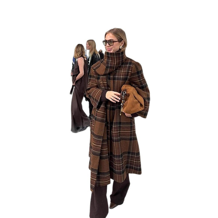 Ladies long coat in check look made of wool mix with oversized stand-up collar and bell sleeves Mune Fashion
