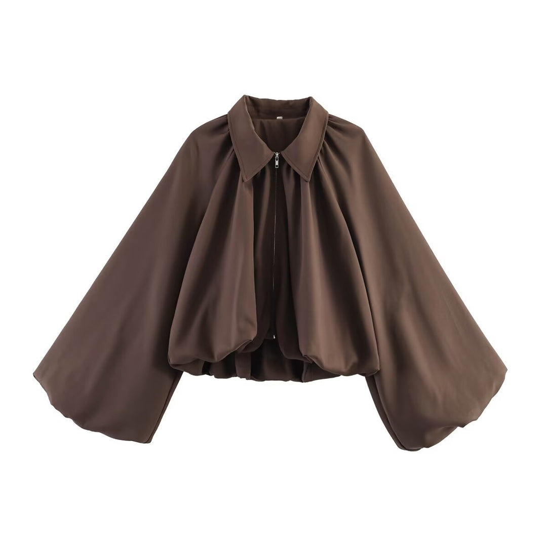 Women Cropped Blouse Jacket with Shirt Collar, Gathered Yoke and Wide Volume Sleeve Mune Fashion