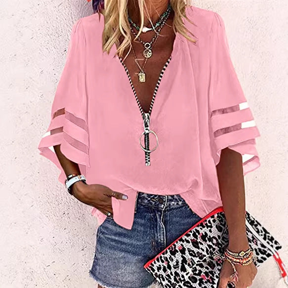 Women V-neck blouse with decorative ring zipper and cut-out sleeves Mune Fashion