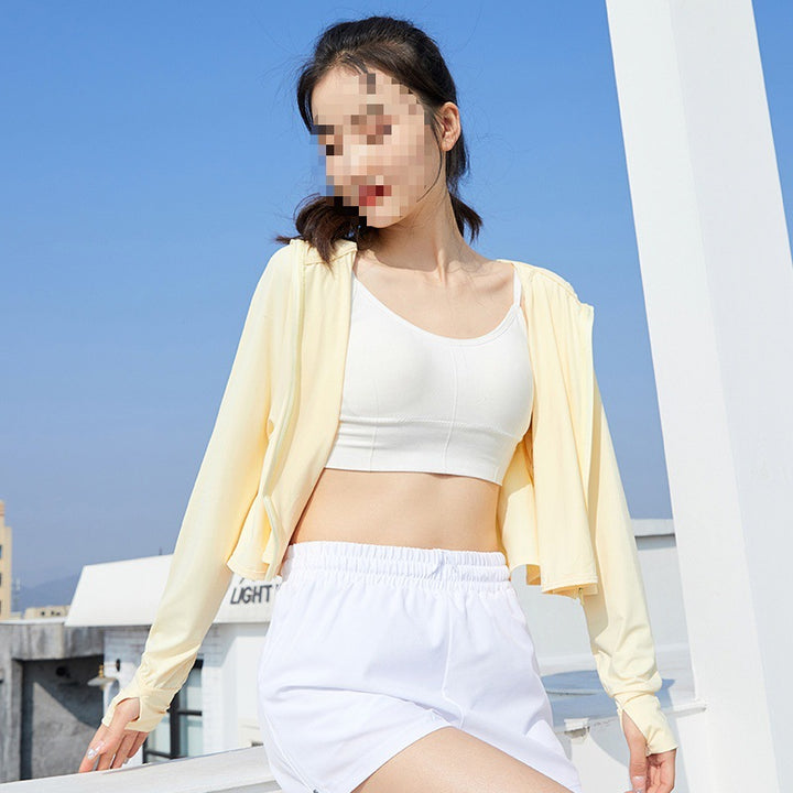 Women's Lightweight Sporty UV Protection Hoodie with Short Cropped Cut, Raglan Sleeves & Thumb Holes Mune Fashion