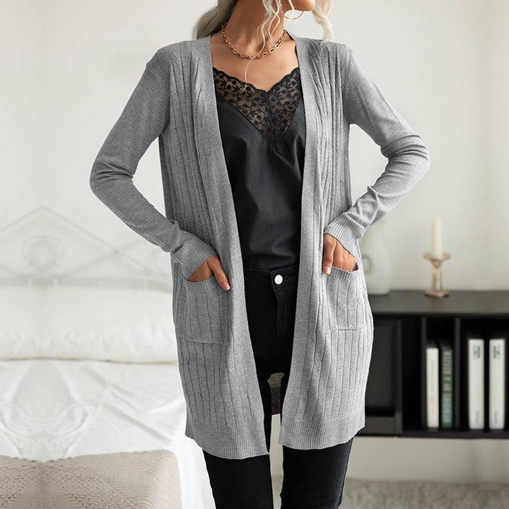 Women's Long Fine Knit Cardigan with Ribbed Structure and Side Pockets Mune Fashion