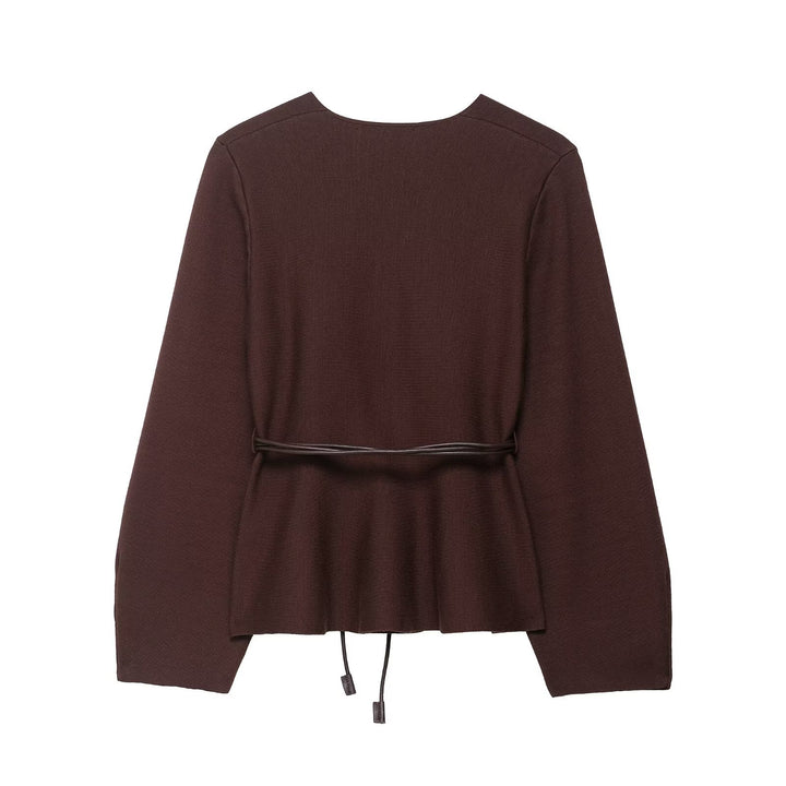 Women's Crossed Knit Cardigan with Waistband and Kimono Sleeves Mune Fashion
