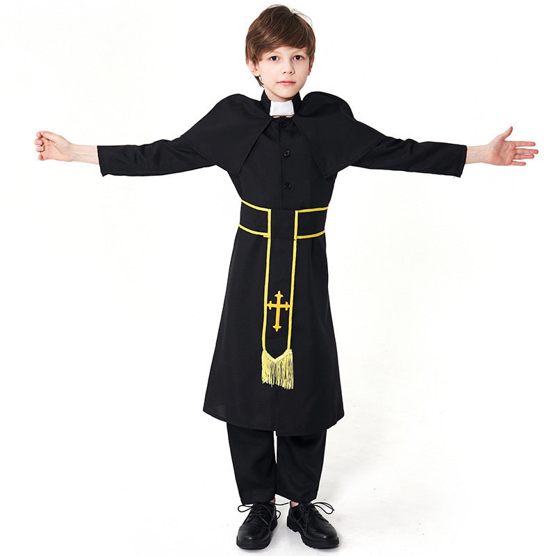 Men's Priest Costume with Cape and Golden Accessories Mune Fashion
