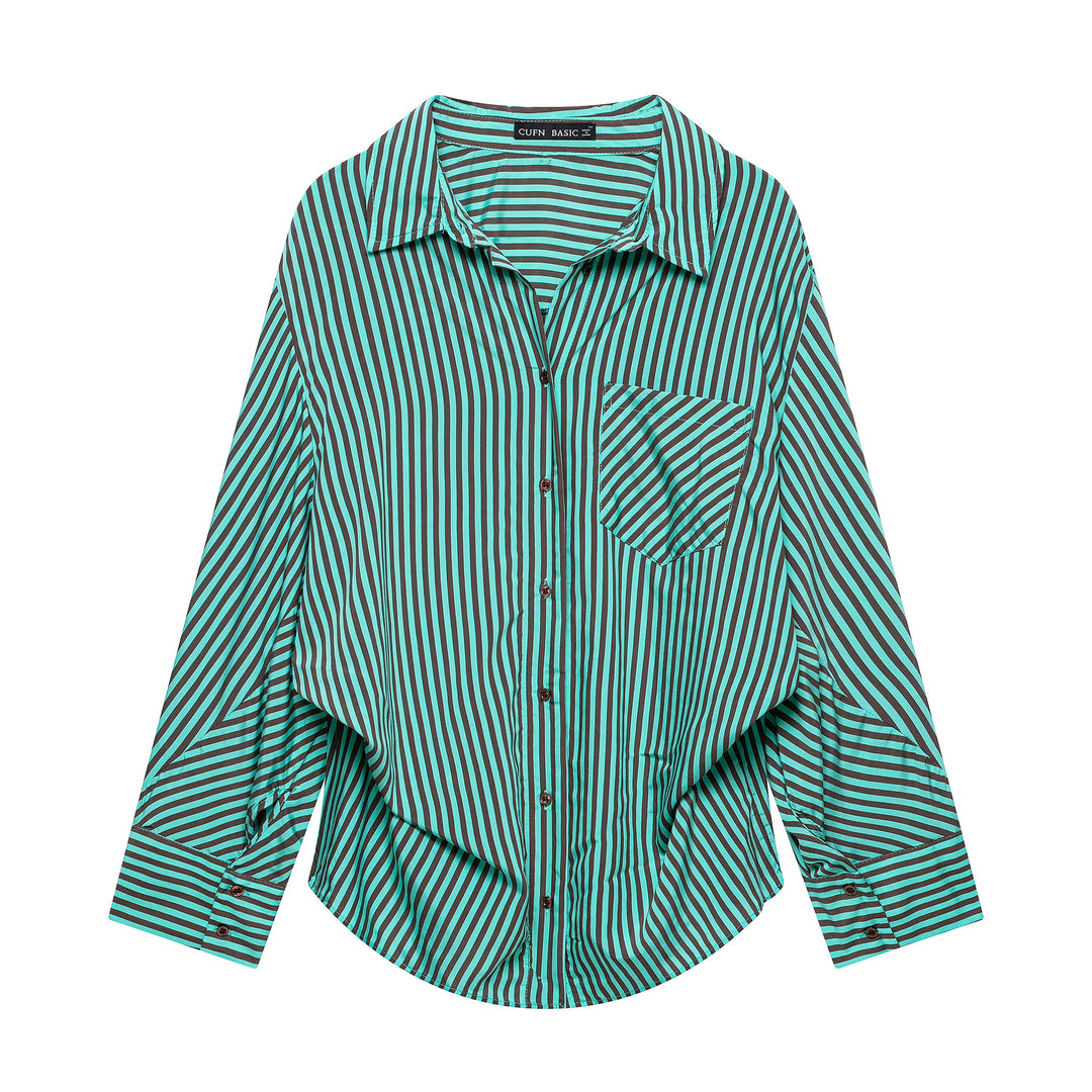 Women's Striped Oversized Shirt Blouse with Chest Pocket and Wide Cuffs Mune Fashion