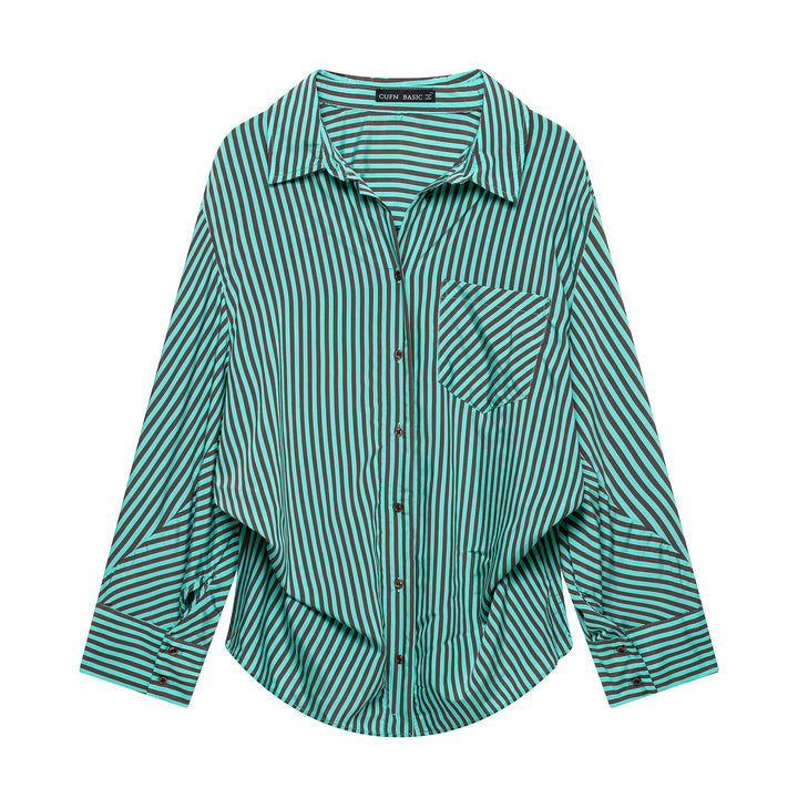 Women's Striped Oversized Shirt Blouse with Chest Pocket and Wide Cuffs Mune Fashion