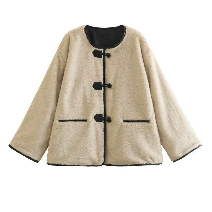 Women's short cut teddy jacket with toggle closure, round neckline and contrasting edges Mune Fashion