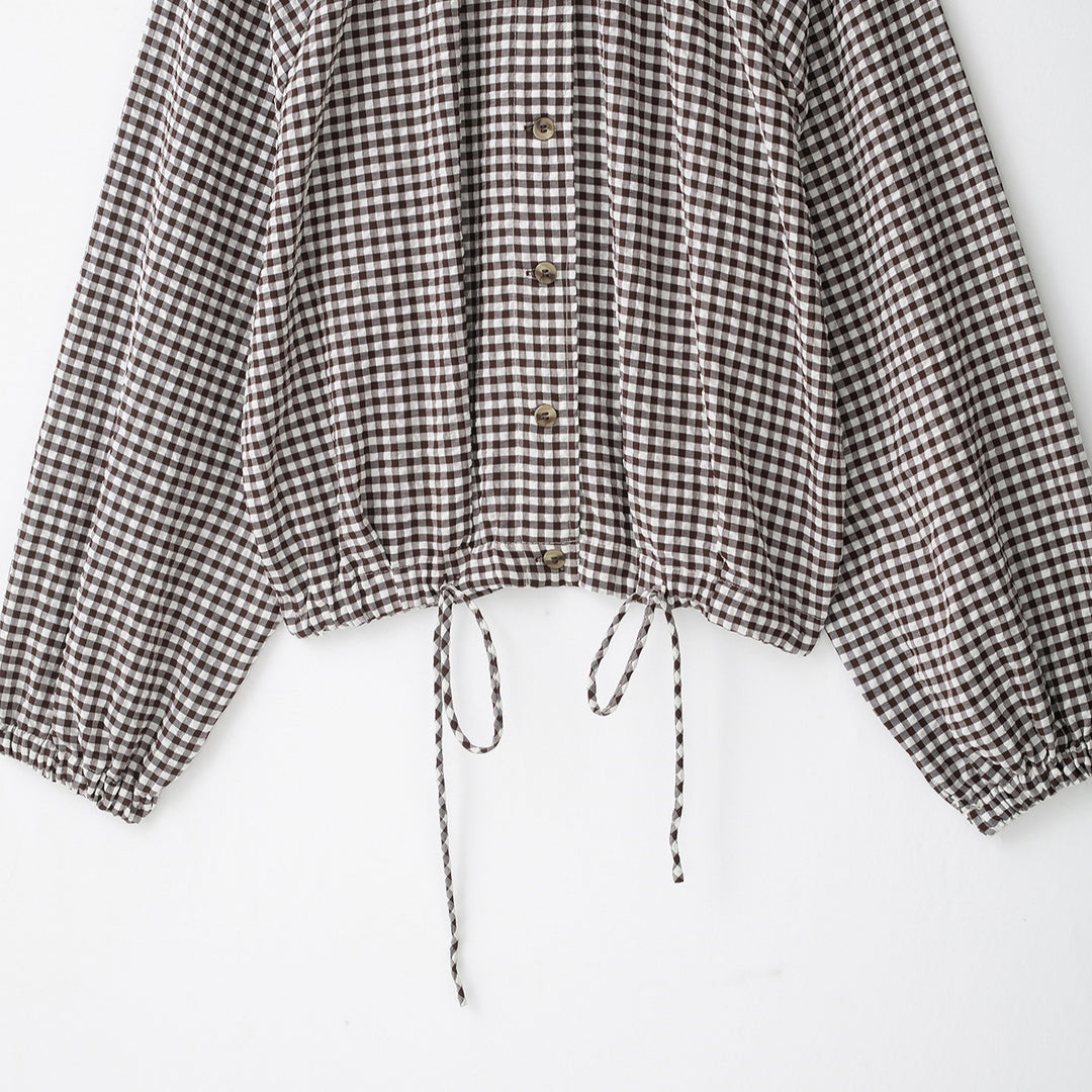 Women’s check blouse with stand-up collar, button closure and drawstring hem Mune Fashion
