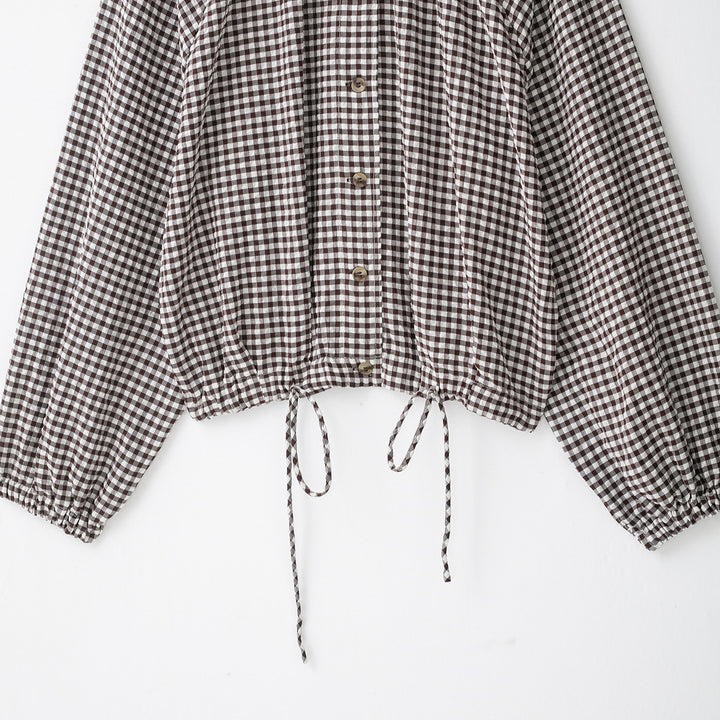 Women’s check blouse with stand-up collar, button closure and drawstring hem Mune Fashion