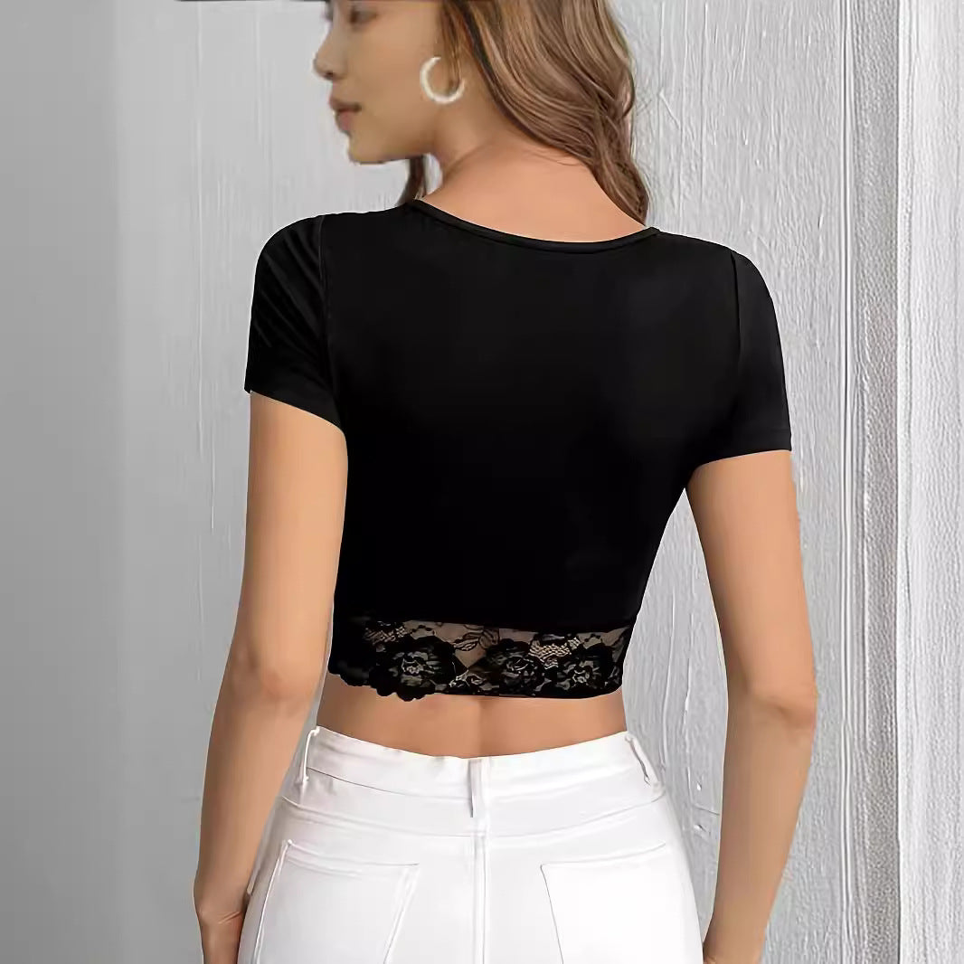 Ladies' short figure-hugging crop top with gathered V-neck and transparent lace trim Mune Fashion