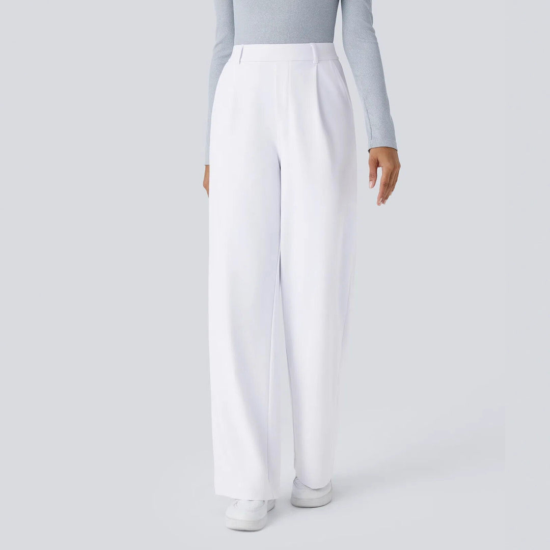 Ladies high-waisted pleated trousers with wide leg, belt loops and side pockets Mune Fashion