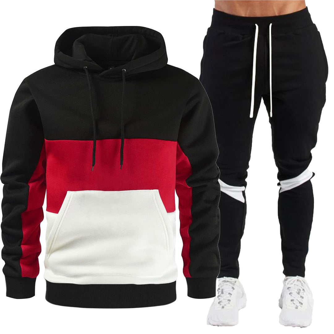 Men's sporty hoodie and jogger set with contrast trims, kangaroo pocket, elastic waistband, and tapered leg Mune Fashion