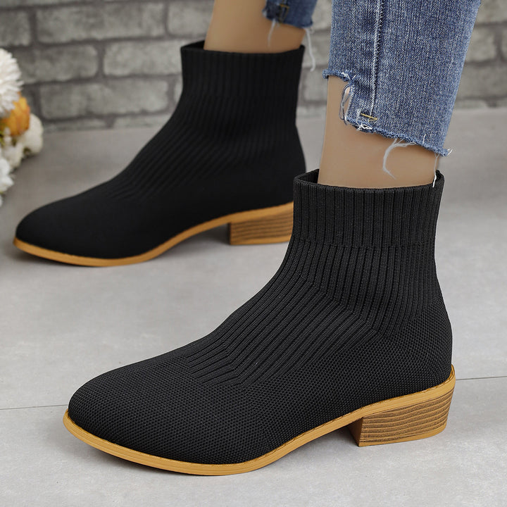 Women's knitted sock ankle boots with elastic shaft and low wooden block heel Mune Fashion