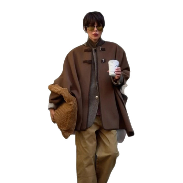 Women's Oversize Cape Coat made of wool blend with high stand-up collar and leather tabs Mune Fashion
