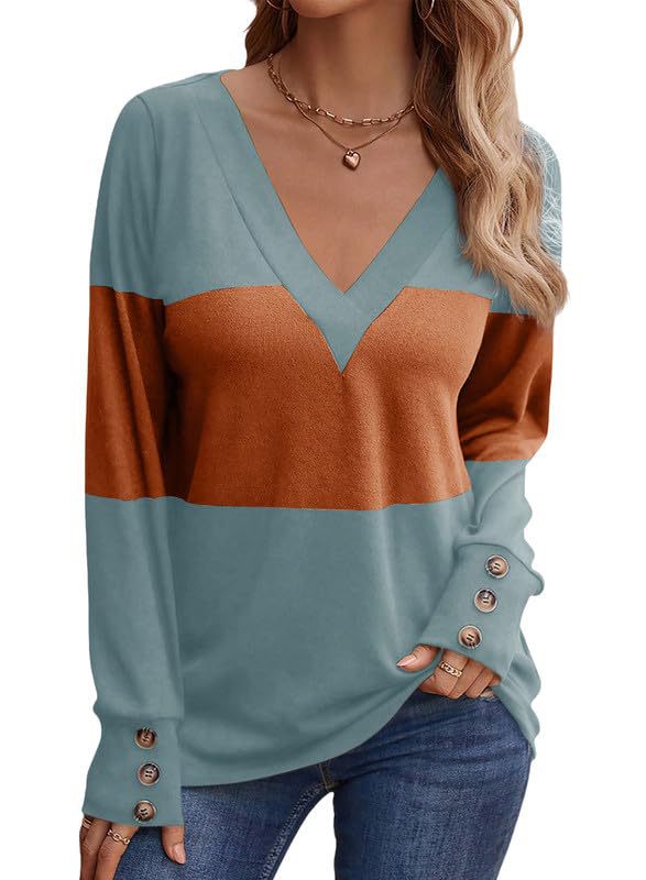 Women Colorblock V-Neck Fine Knit Sweater with Decorative Cufflinks Mune Fashion