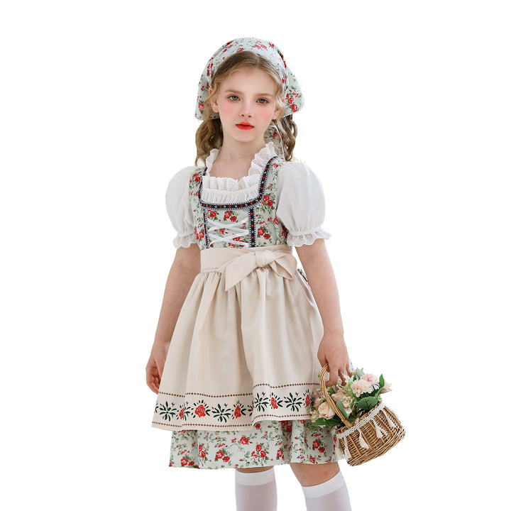 Ladies' traditional Dirndl dress for girls with embroidered apron, ruffle collar, and matching headscarf Mune Fashion