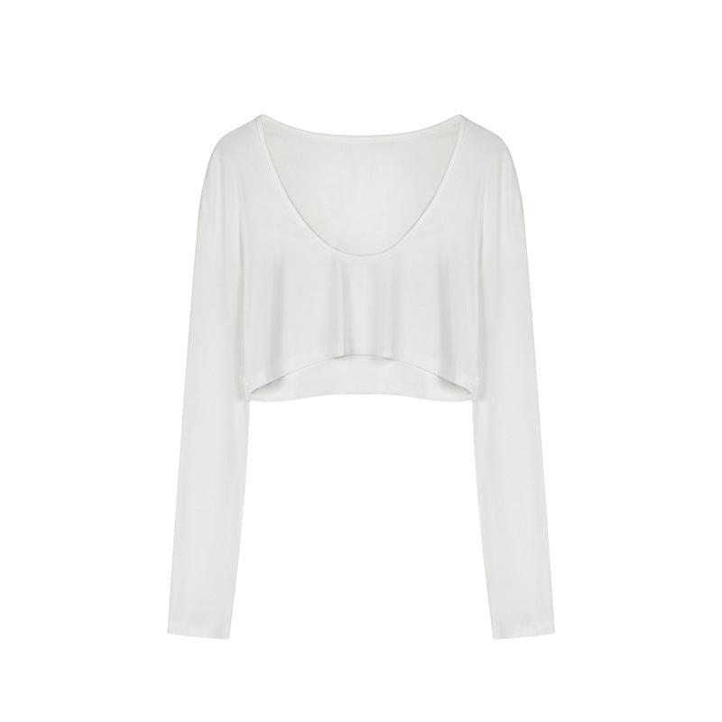 Ladies short cut long sleeve crop top with wide round neck