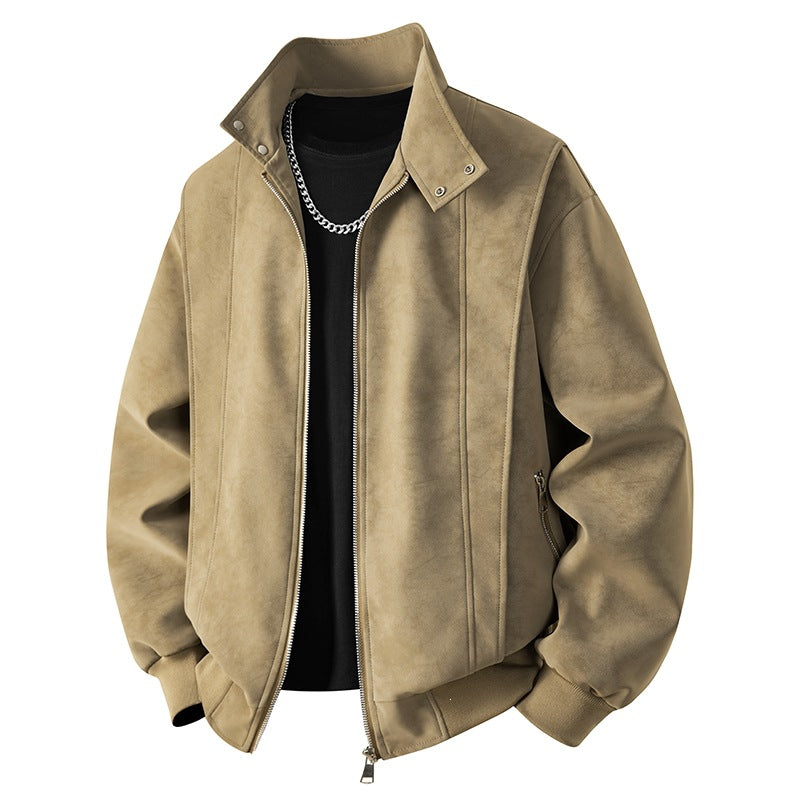 Men's Neat Velour Leather Look Bomber Jacket with Stand-Up Collar, Two-Way Zipper & Zipper Pockets Mune Fashion