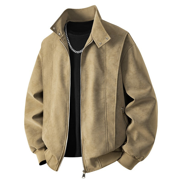 Men's Neat Velour Leather Look Bomber Jacket with Stand-Up Collar, Two-Way Zipper & Zipper Pockets Mune Fashion