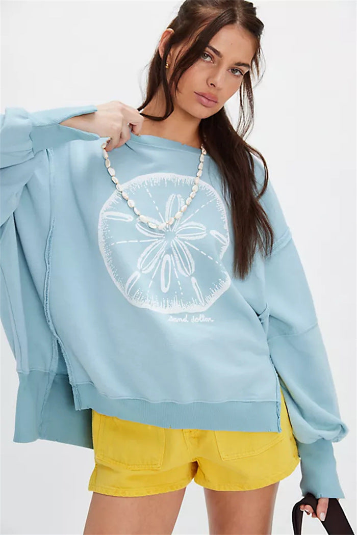 Women oversized sweatshirt with beet print, fringed seam accents and thumbhole sleeves Mune Fashion