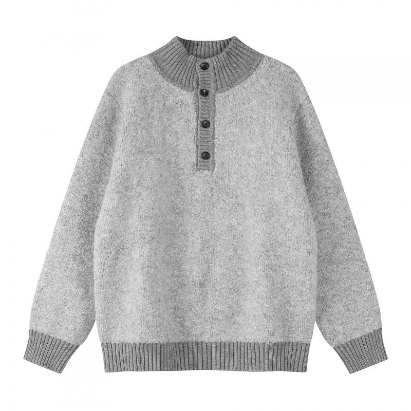 Unisex Boxy knit sweater with Henley button placket and raised ribbed collar Mune Fashion
