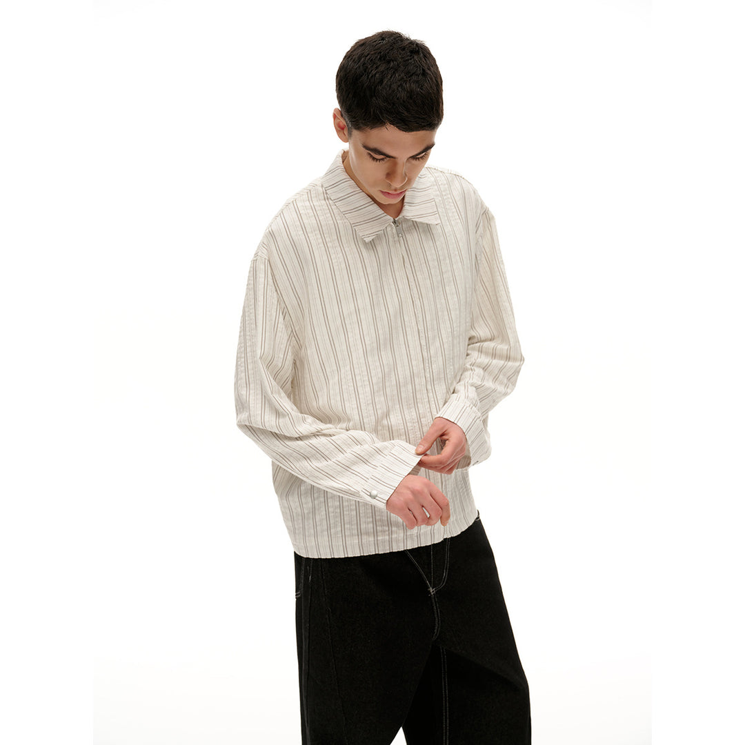 Unisex Lightweight Striped Overshirt Jacket with Shirt Collar and Concealed Zipper Mune Fashion