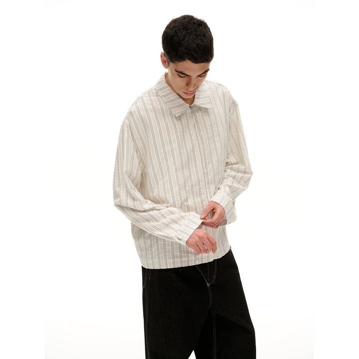 Unisex Lightweight Striped Overshirt Jacket with Shirt Collar and Concealed Zipper Mune Fashion
