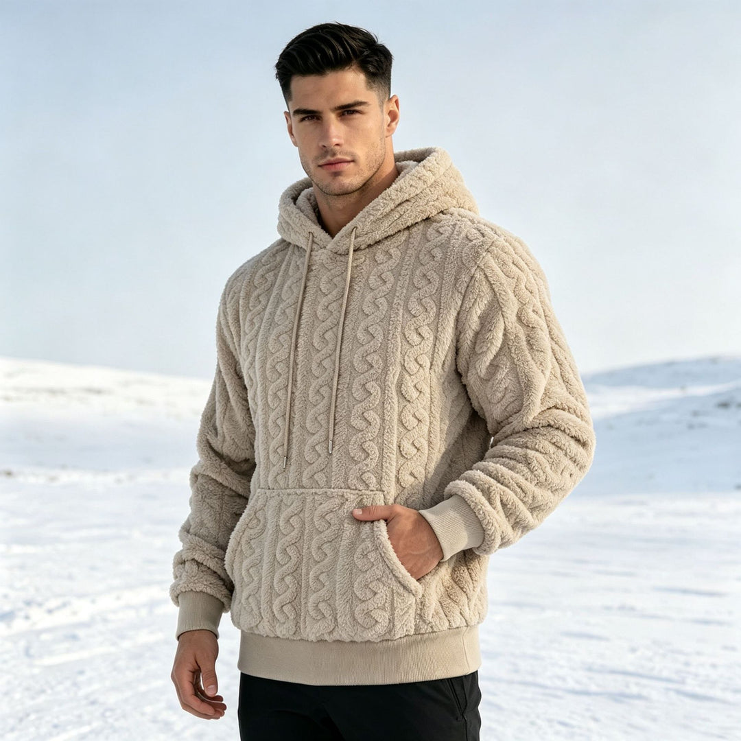 Men's Sherpa Hoodie with Cable Knit Pattern, Kangaroo Pocket and Ribbed Cuffs Mune Fashion