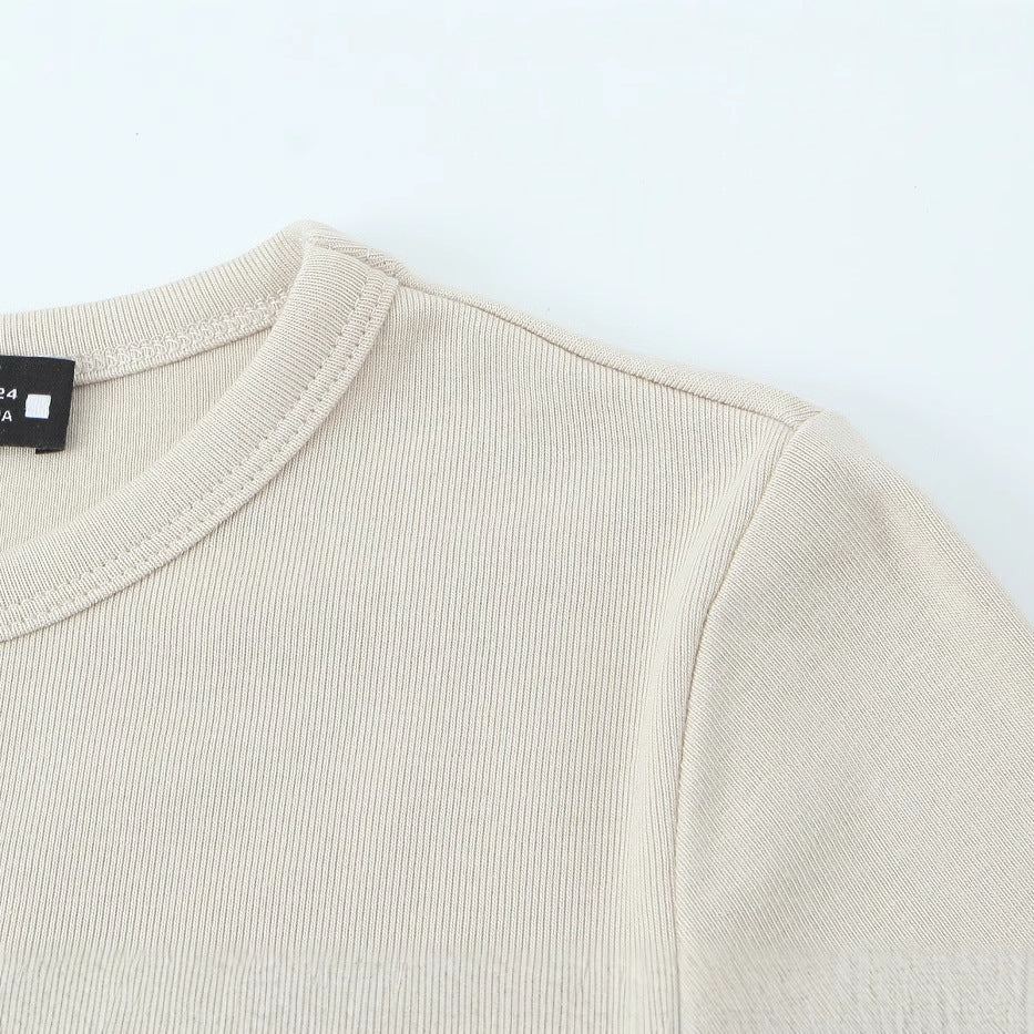 Women Striped Cropped Long Sleeve Shirt with Round Neckline Mune Fashion