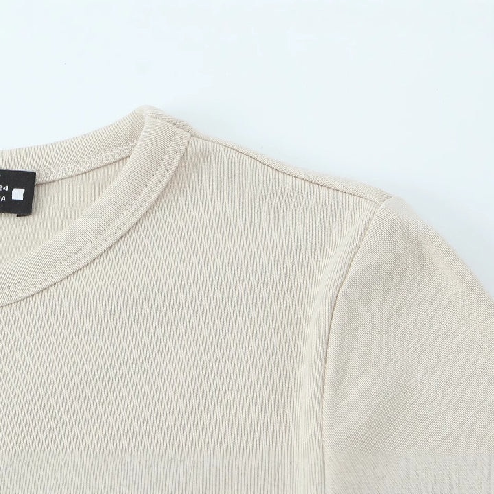 Women Striped Cropped Long Sleeve Shirt with Round Neckline Mune Fashion