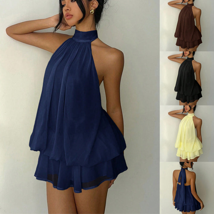 Ladies Sleeveless Chiffon Playsuit with High Stand Collar, Ruched Top and Tiered Shorts Mune Fashion