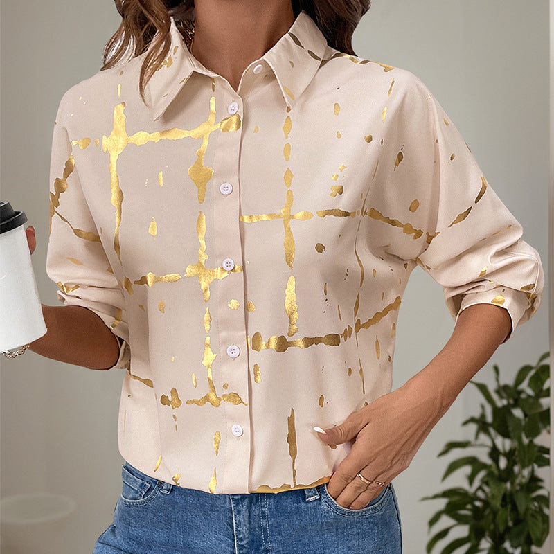 Women's shirt blouse with metallic print and relaxed fit