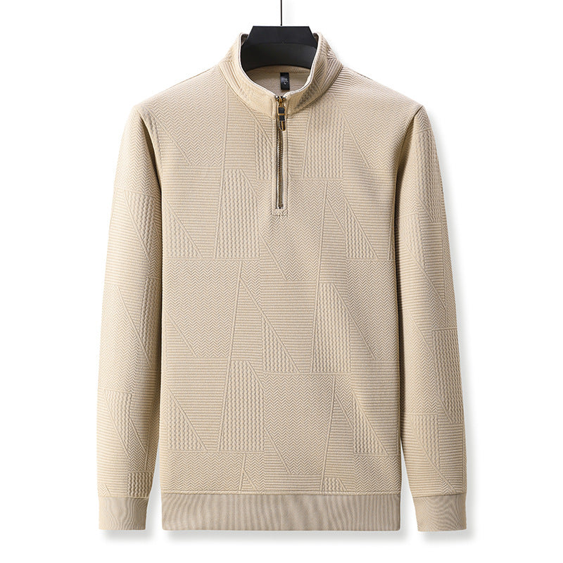 Men's Structured Pullover with Half Zipper High Stand Collar and Geometric Relief Structure Mune Fashion