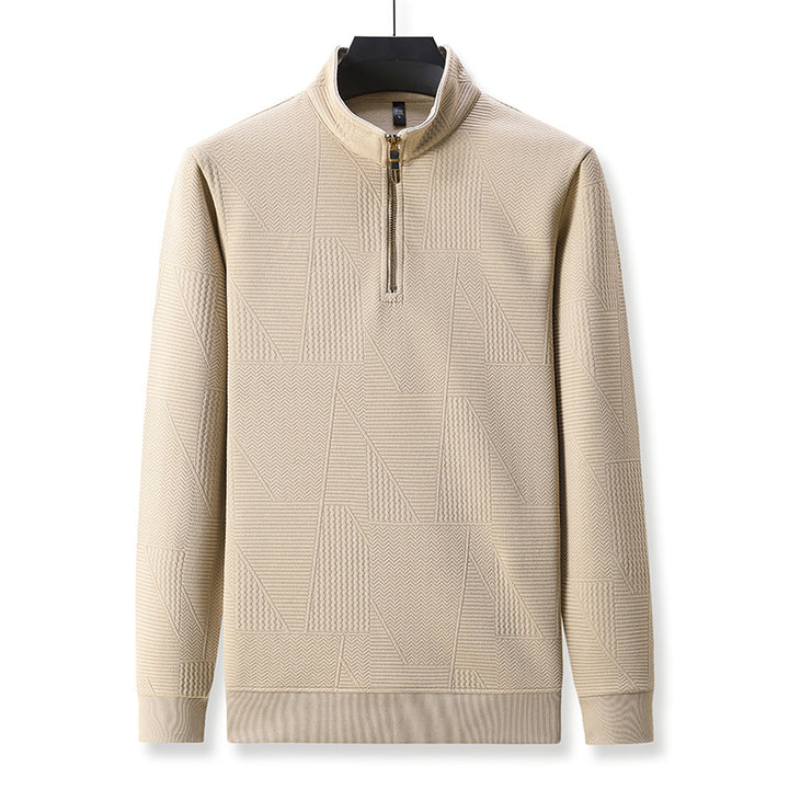 Men's Structured Pullover with Half Zipper High Stand Collar and Geometric Relief Structure Mune Fashion