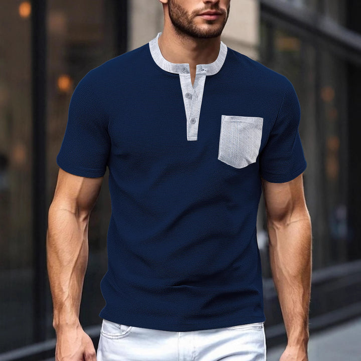 Men's breathable waffle henley shirt with stand-up collar, short button placket, and patch chest pocket Mune Fashion