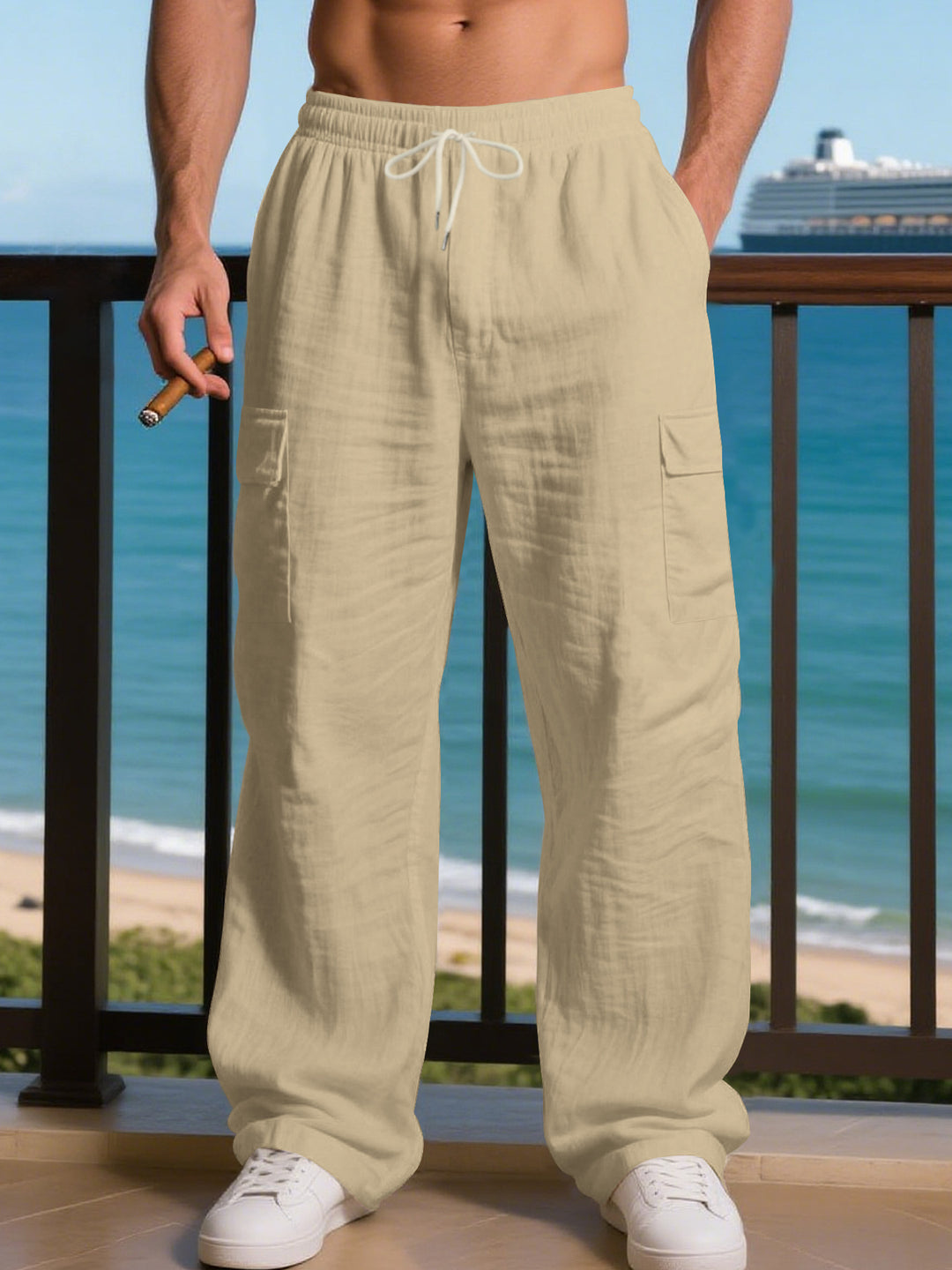 Men's Loose Linen Cargo Casual Pants with Drawstring Waist and Side Patch Pockets Mune Fashion