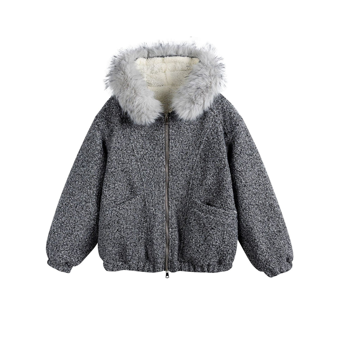 Women's Boucle Blouson Jacket with Voluminous Faux Fur Collar and Thermal Lining Mune Fashion