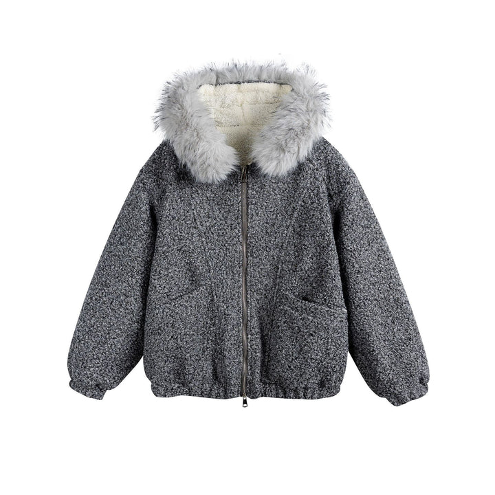 Women's Boucle Blouson Jacket with Voluminous Faux Fur Collar and Thermal Lining Mune Fashion