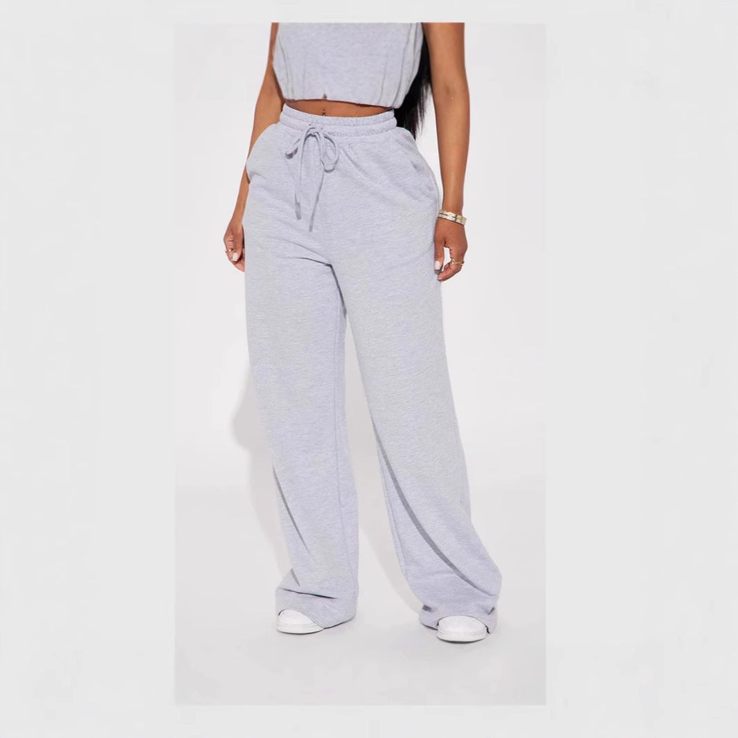 Ladies' wide High-Waist lounge pants made of soft cotton blend with drawstring and side pockets Mune Fashion