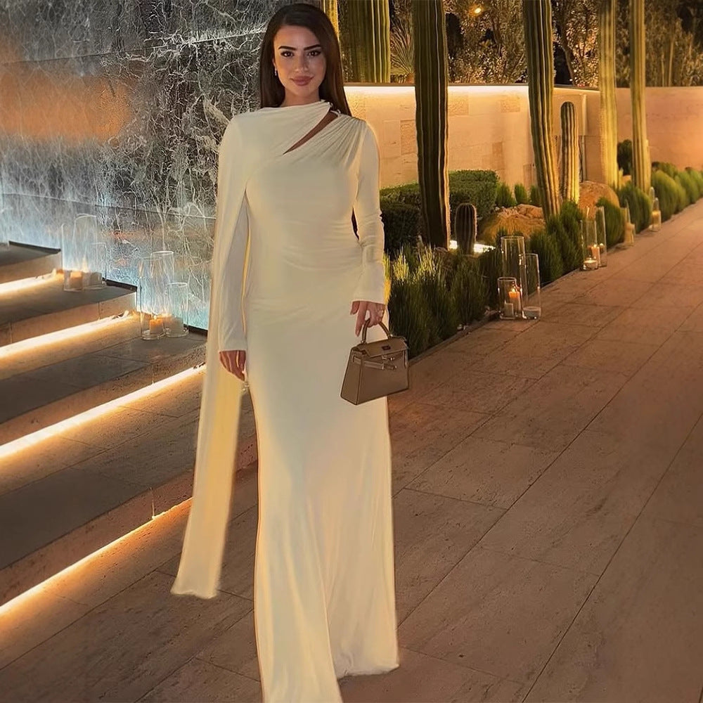 Women's Tailored Maxi Dress with Asymmetric Cape and High Collar Mune Fashion