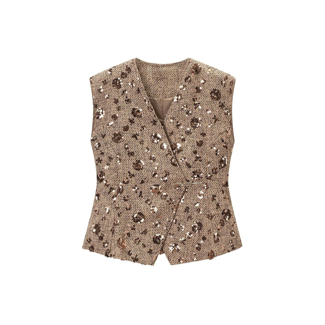 Women's Sleeveless Glitter Tweed Vest with Wrap Look and Sequin Trim Mune Fashion