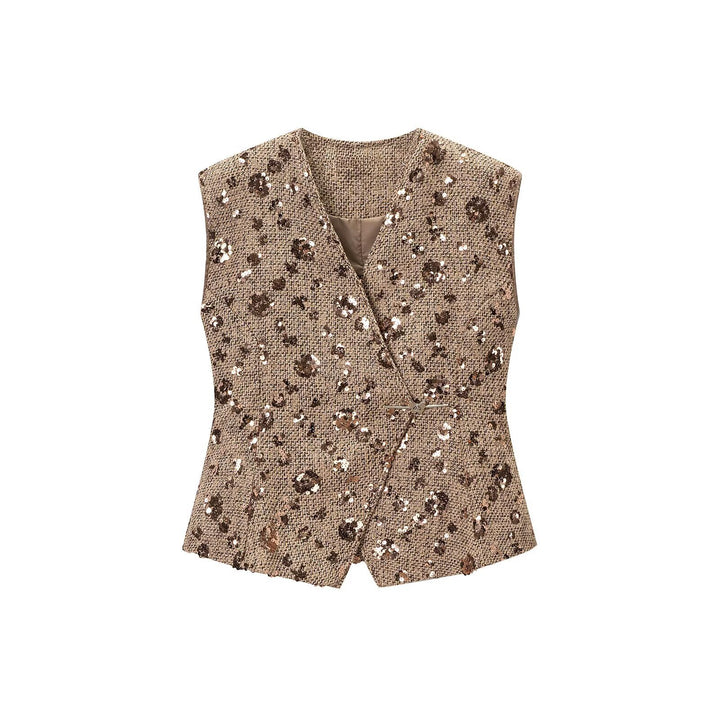 Women's Sleeveless Glitter Tweed Vest with Wrap Look and Sequin Trim Mune Fashion