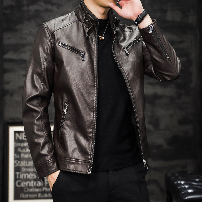 Men's Modern Faux Leather Jacket with Stand Collar and Zipper Pockets Mune Fashion
