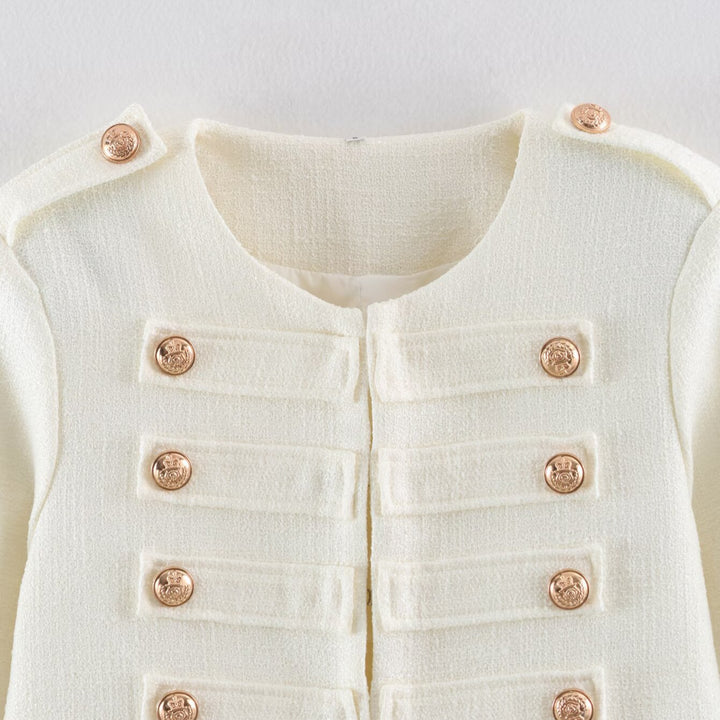 Women Short Boucle Jacket in Military Style with Decorative Stripes and Gold Buttons Mune Fashion