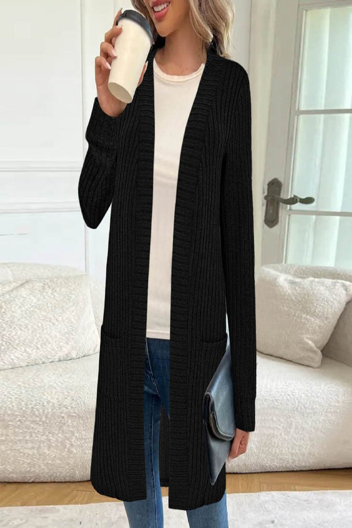 Women Long Fine Knit Cardigan with Ribbed Structure, Open Edges and In-Seam Pockets Drune