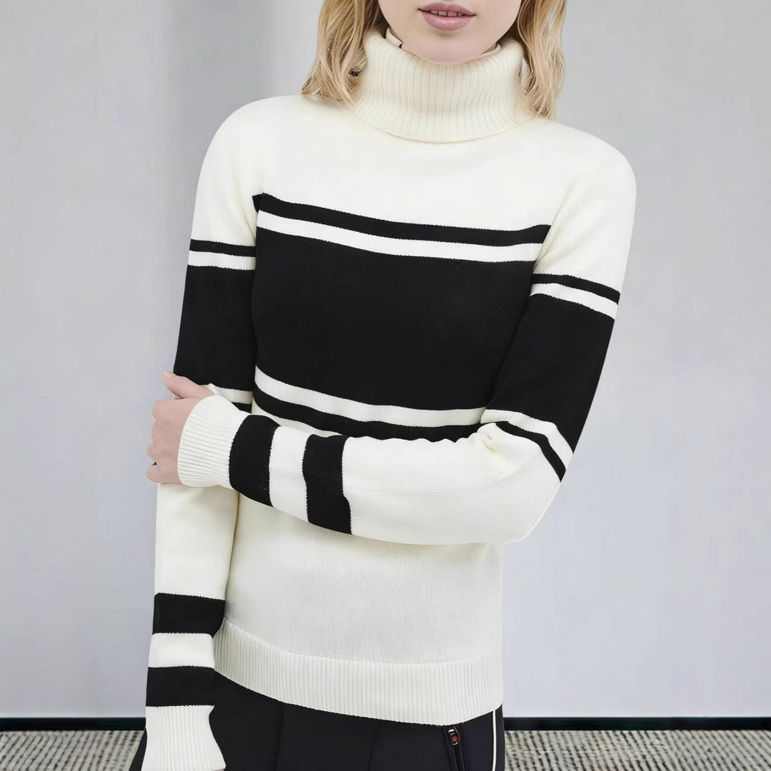 Women's long turtleneck knit dress with star motif, block stripes and elastic ribbed hem