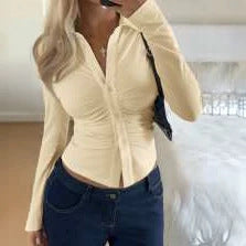Women Tailored Buttonable Ruffle Top with V-Neck and Figure-Shaping Gather Mune Fashion