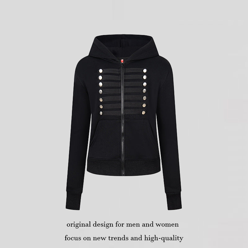 Women's hooded sweatshirt jacket with decorative military braid trim and decorative buttons Mune Fashion